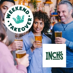 A banner featuring the square, white Inch's cider logo and the circular Greene King Weekend Takeover logo with a green crown, on an image of four people in a pub, holding glasses of cider.