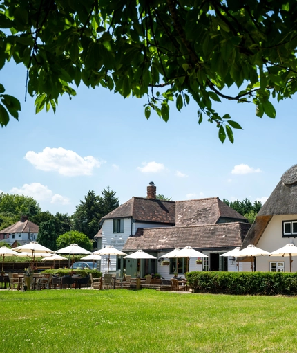 The beer garden at the Three Horse Shoes, in front of the pub.