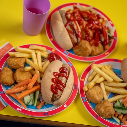 Children's food plated on children's plates