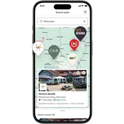 A screenshot of the app location page on the Greene King app.