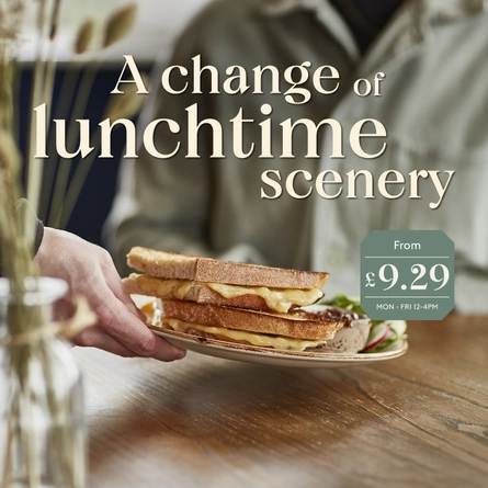 A banner promoting the lunchtime menu at Chef & Brewer.