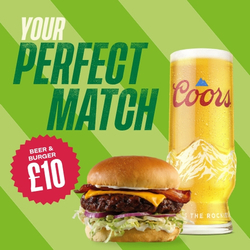 A banner featuring a burger and a pint of Coors on a pale green and darker green diagonal striped background with the wording "Your Perfect Match - Beer and Burger £10" to advertise a deal at Flaming Grill venues.