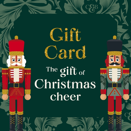 A banner featuring 2 Christmas nutcracker figures stood either side of the wording "Gift Card - The gift of Christmas cheer" for Chef & Brewer.