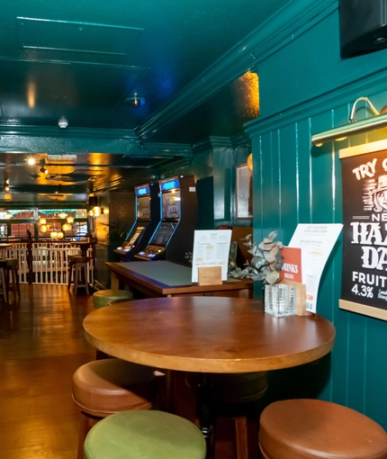 Interior of the pub in the seating area.