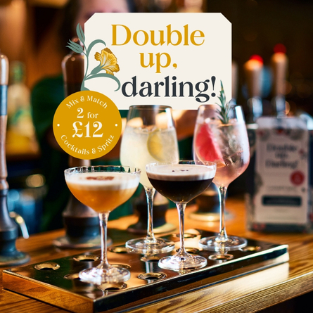 A 768x768 sized Web Homepage Promo banner showing 4 cocktail style drinks sat on an interior bar to advertise a 2 for £12 cocktail spring offer at Chef & Brewer venues.