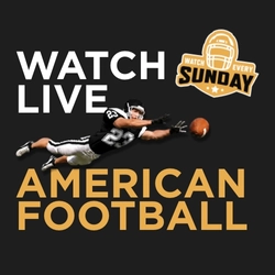 Promotional graphic for live American football on a dark background featuring the text “Watch Live American Football” and “Watch Every Sunday.” An American football player in a black uniform dives forward to catch a football, with a helmet logo displayed beside the text.