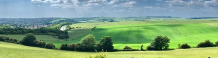 An image of rolling hills and fields with a gate leading to another field.